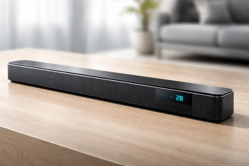 Moderne Soundbar auf einem Sideboard im Wohnzimmer