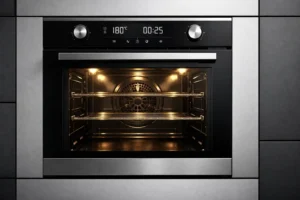 Einbau-Backofen mit geöffnetem Garraum und Innenbeleuchtung.
