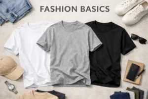 Three T-shirts in white, grey and black surrounded by jeans, sneakers, a cap and other basics accessories