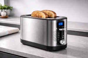 Edelstahl-Toaster mit zwei Brotscheiben auf einer Küchenarbeitsfläche