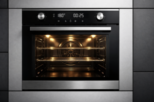 Einbau-Backofen mit geöffnetem Garraum und Innenbeleuchtung.