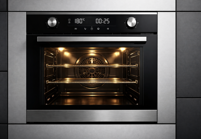 Einbau-Backofen mit geöffnetem Garraum und Innenbeleuchtung.
