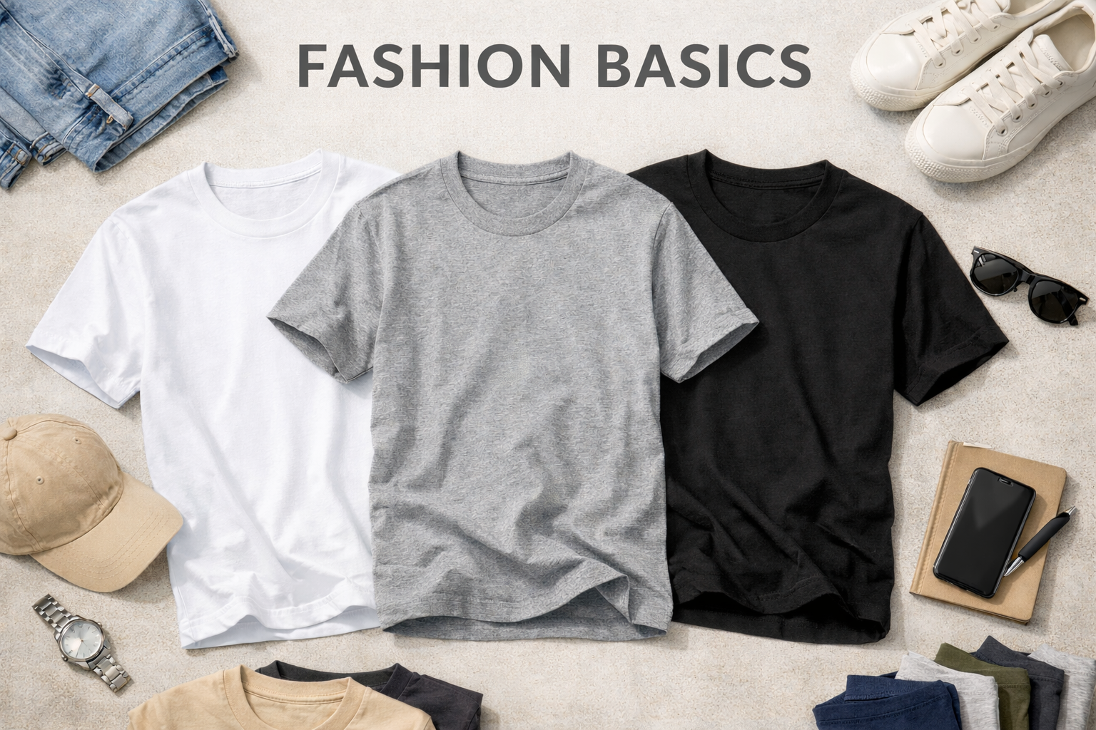 Drei schlichte T-Shirts in Weiß, Grau und Schwarz als Fashion Basics ausgelegt.