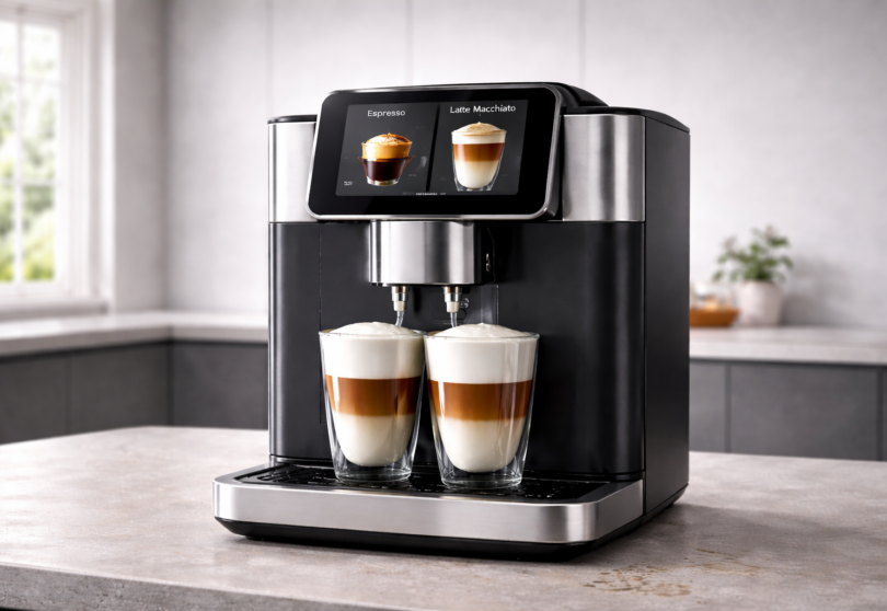 Kaffeevollautomat bereitet zwei Latte Macchiato in Glasbechern zu.
