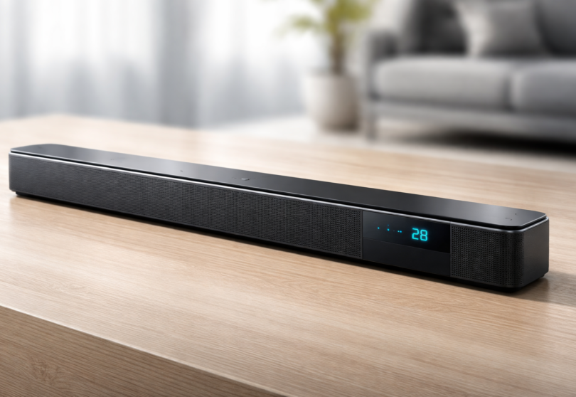 Schlanke Soundbar auf einem Holztisch in modernem Wohnraum
