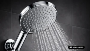 Verchromte Handbrause mit Wasserstrahl vor einer dunklen Fliesenwand