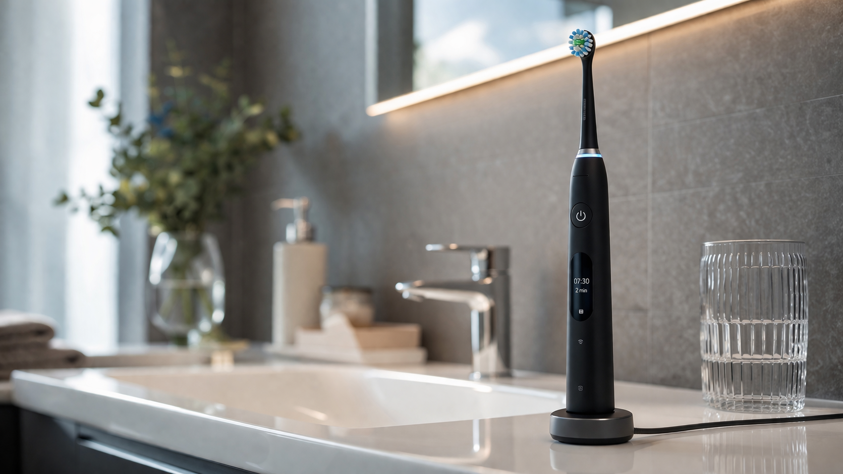 elektrische Zahnbürste in modernem Badezimmer