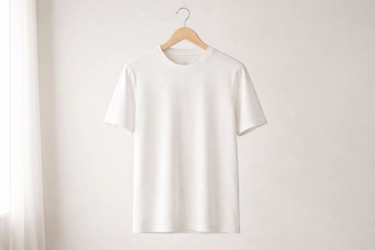 T-shirt blanc sur un cintre, fond neutre
