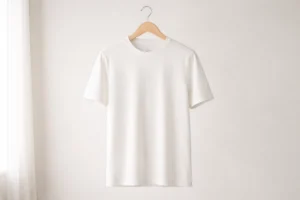 Weißes T-Shirt auf einem Holzbügel vor neutralem Hintergrund