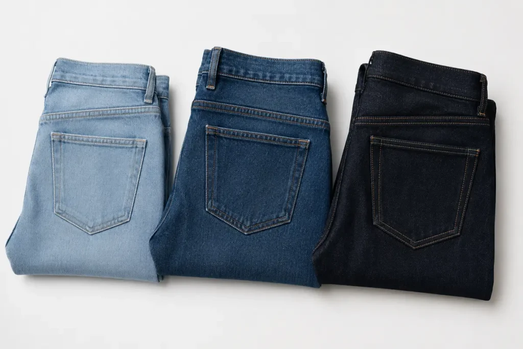 Drei gefaltete Jeans in hellblau, mittelblau und dunkelblau – Übersicht verschiedener Jeans-Hersteller und ihrer Herkunft