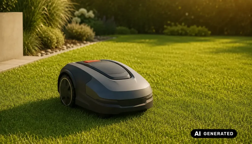 Modern robotic lawn mower on a well-kept lawn in a garden