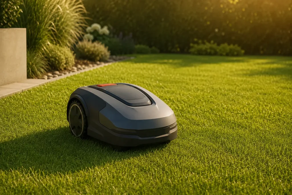 Moderner Mähroboter auf einem gepflegten Rasen im Garten