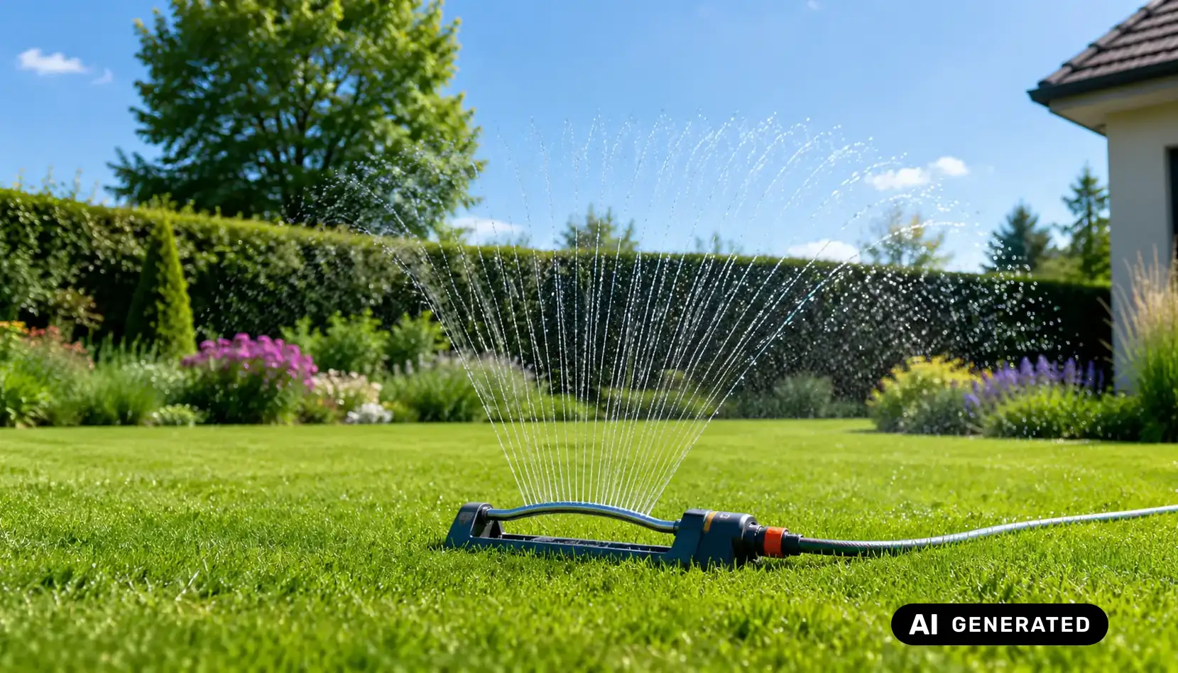 Rasensprenger bei der Bewässerung eines Rasens im Garten
