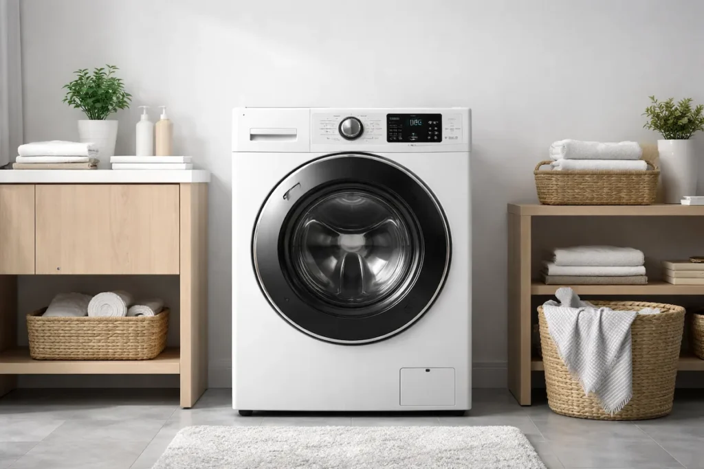 Lave-linge à hublot blanc dans une salle de bain moderne