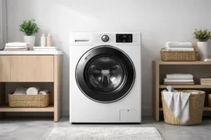 Lave-linge à hublot blanc dans une salle de bain moderne