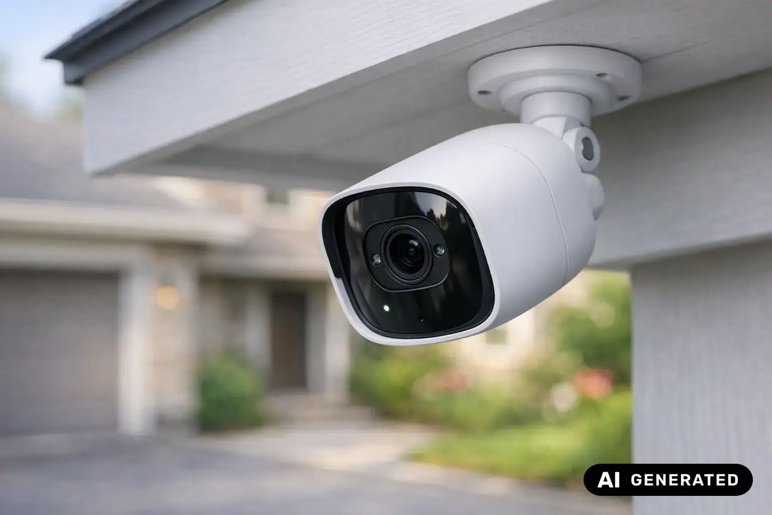 Modern white WiFi security camera mounted under a roof overhang on a house wall