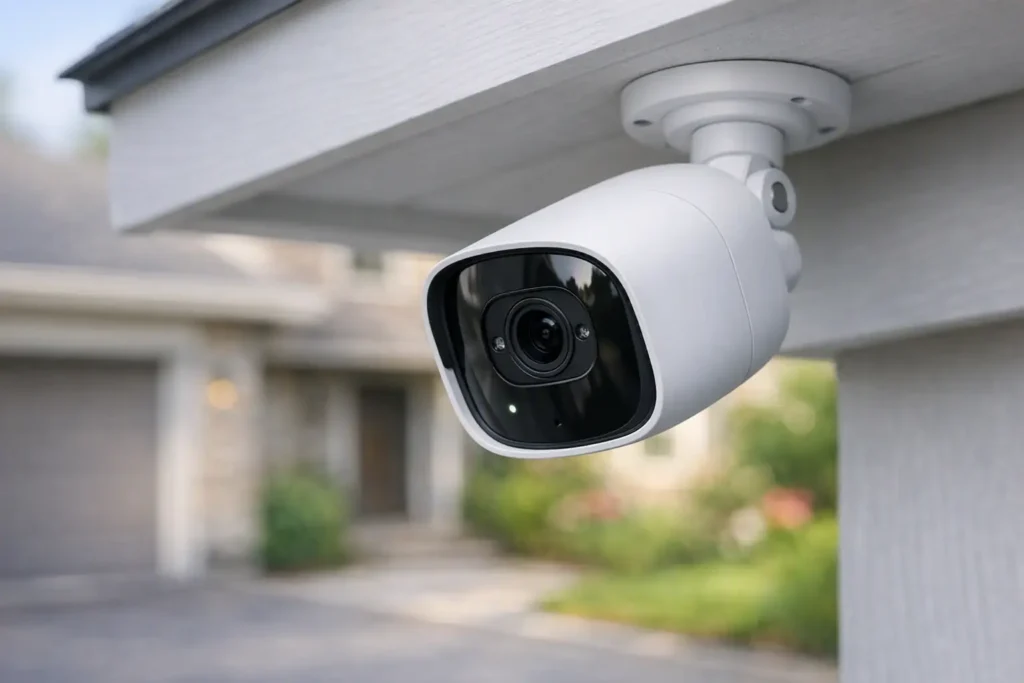 Caméra de surveillance WiFi blanche moderne montée sous un avant-toit sur un mur de maison