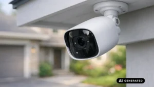 Modern white WiFi security camera mounted under a roof overhang on a house wall