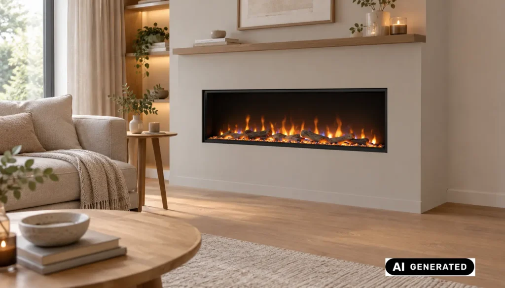 Modern electric fireplace with flame effect in a living room