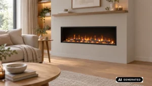 Modern electric fireplace with flame effect in a living room